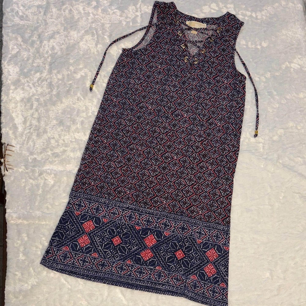 Michael Kors Navy and Red Patterned Midi Dress